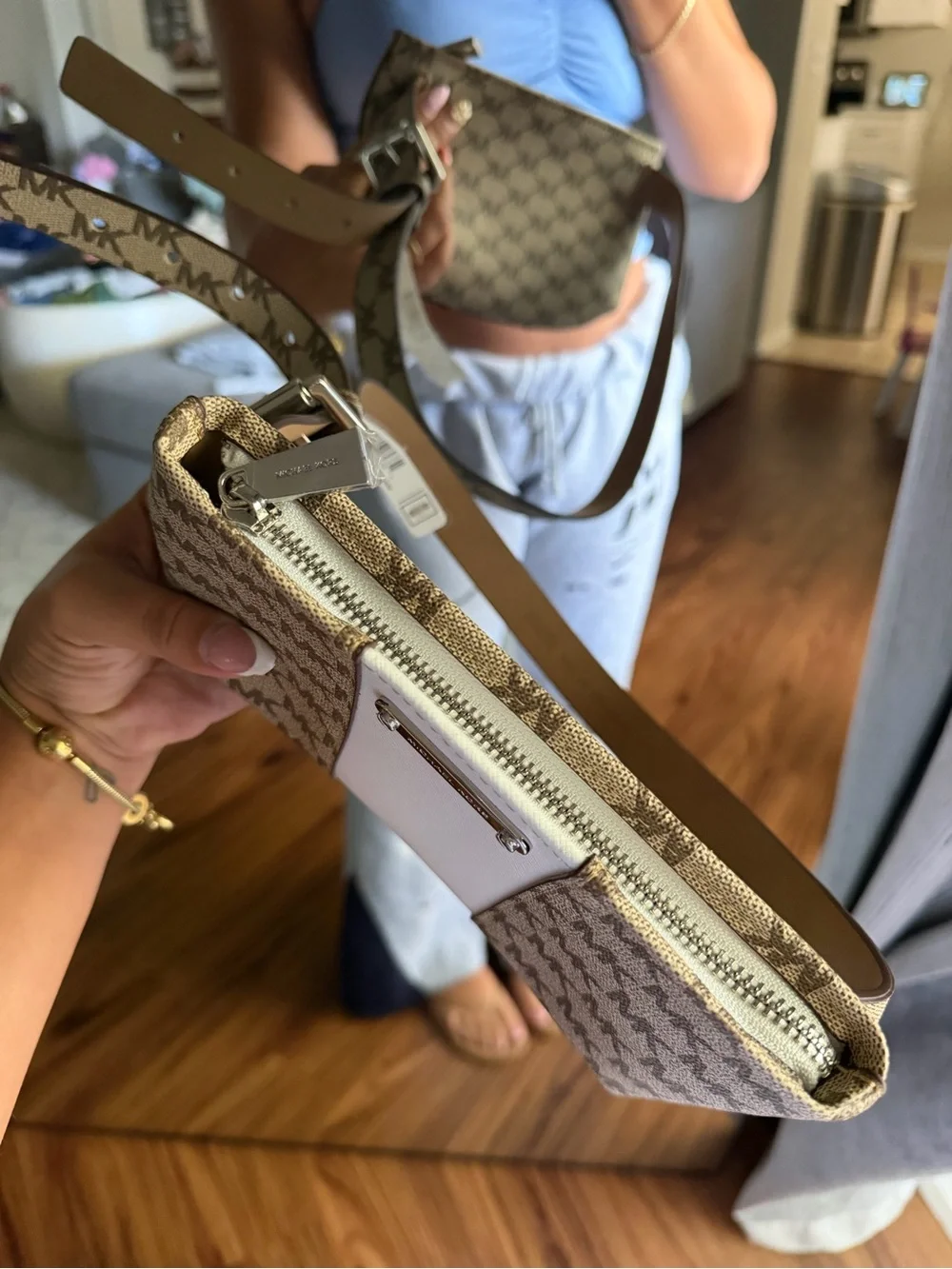 Michael Kors Beige Signature Logo FANNY PACK with White Center Panel